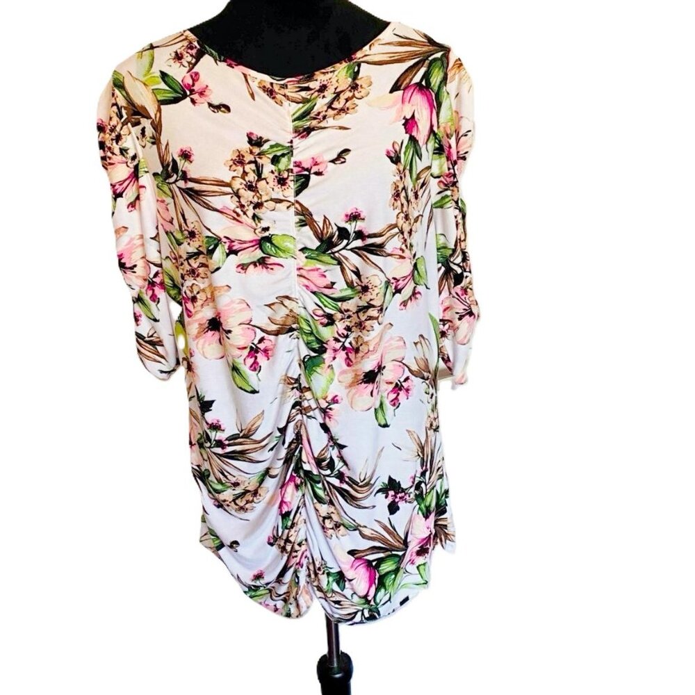 Lane Bryant SZ 18/20 White Floral Ruched Top Blouse Shirt
